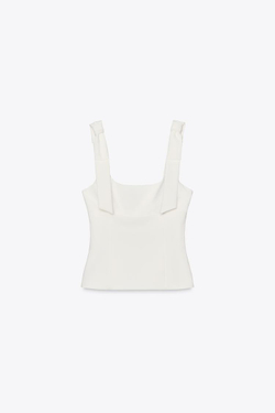 ZARA ТОП ИЗ ЭЛАСТИЧНОЙ ТАКНИ С БАНТАМИ, БЕЛЫЙ