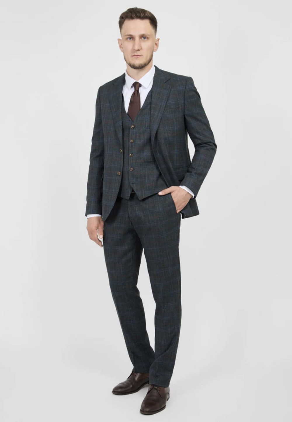 Мужской костюм тройка (серо-синий) В97