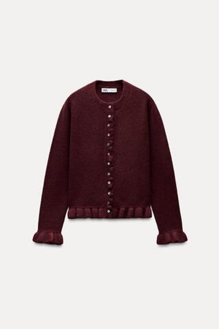 ZARA ТРИКОТАЖНЫЙ КАРДИГАН С ВОЛАНАМИ, ЦВЕТ БУРГУНДСКОГО ВИНА