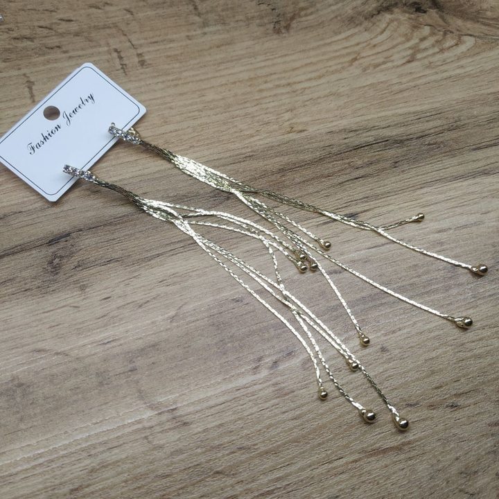 Серьги англ.заст. Bogema стразы 6 цепочек жгутиков 3 длины с шариками металл золотистый желтый