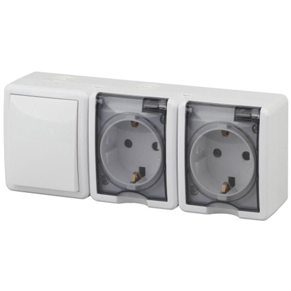 Блок две розетки + выключатель ЭРА Эксперт 11-7403-01 IP54 16A-10AX-250В ОУ белый | Эра Эксперт