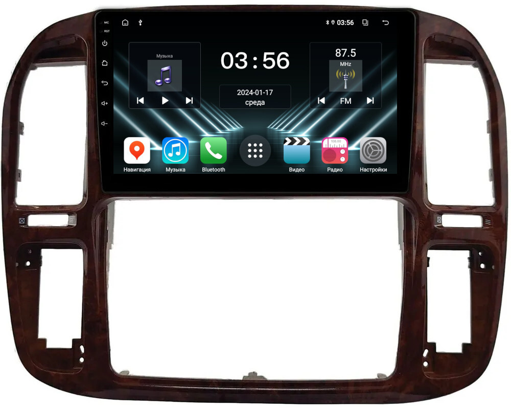 Магнитола для Toyota Land Cruiser 100, Lexus LX470 1998-2002 (кондиционер или климат внизу, рамка дерево) - FarCar DX9-9608F3 монитор 9" IPS на Android 13, 4+64Гб, CarPlay