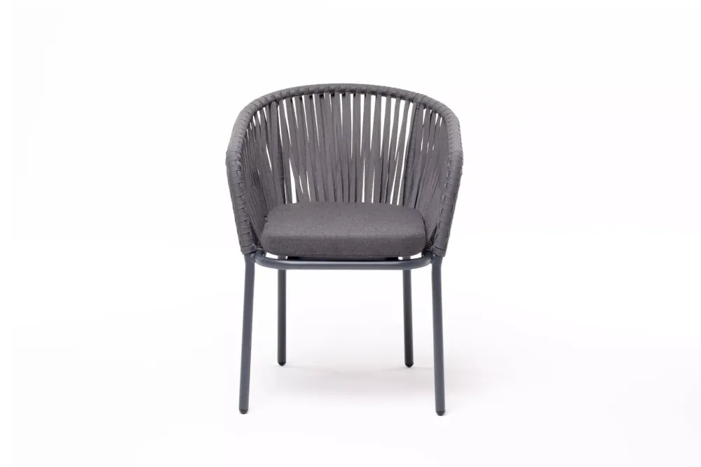 "Бордо" стул плетеный из роупа, каркас алюминий темно-серый (RAL7024) муар, роуп серый 15мм, ткань темно-серая 027