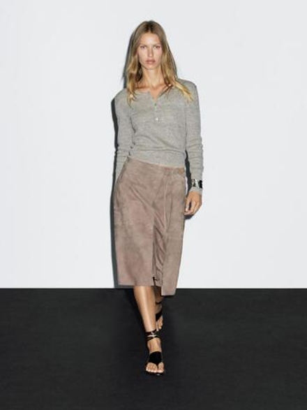 Massimo Dutti Юбка миди из замши и кожи с запахом, серо-бежевый