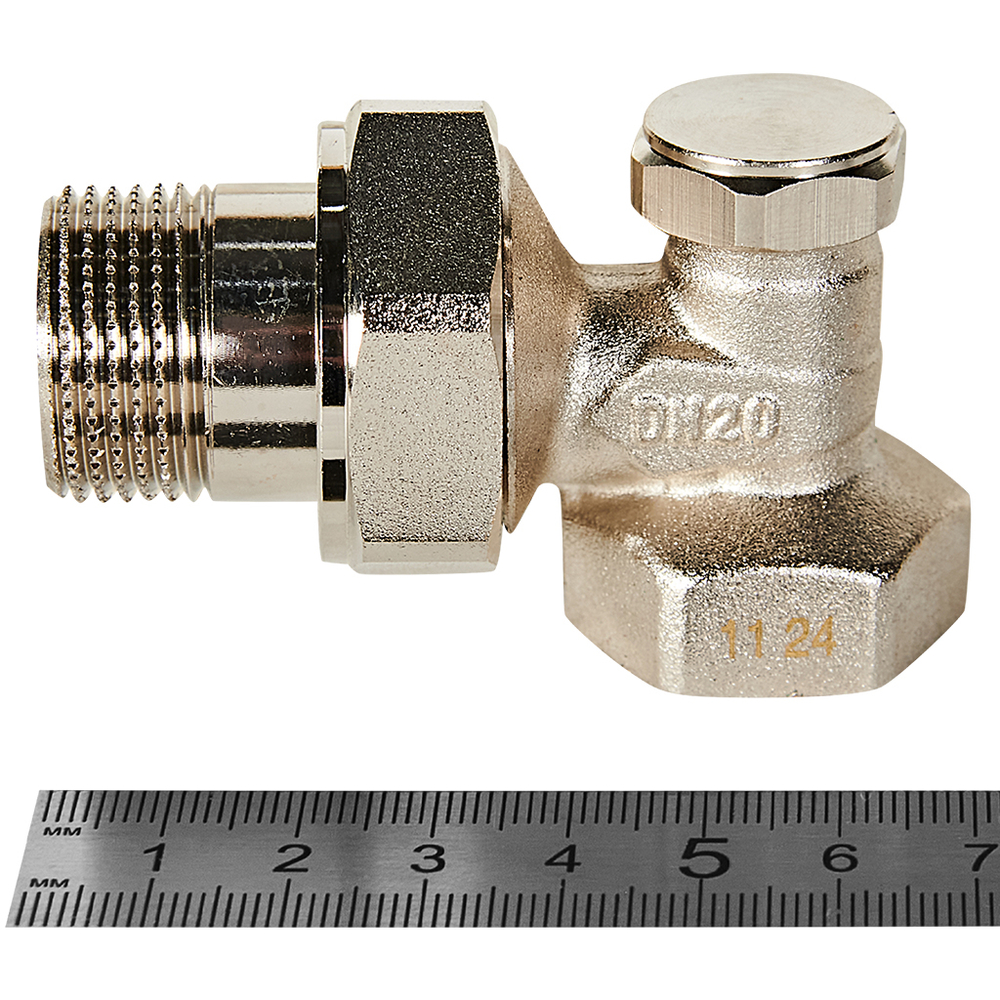 Клапан запорно-балансировочный угловой ROMMER - 3/4" (ВР/НР-американка, PN10, Tmax 110°C)