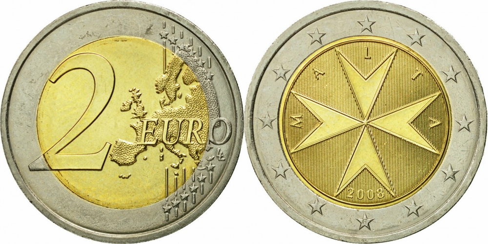 Мальта 2 евро, 2008-2024 Мальтийский крест XF