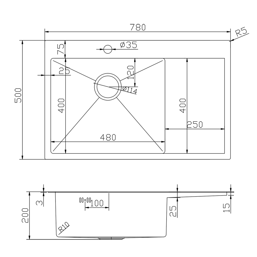Мойка настол.монтаж 78х50 (3,0) лев. вып 3 1/2  MIXLINE PRO с ФАСКОЙ 20см с сифоном (черный графит)
