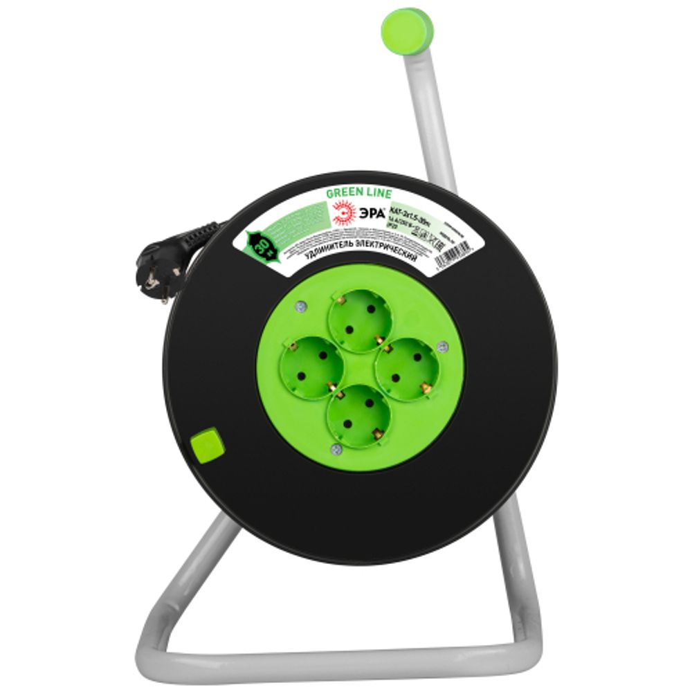 Удлинитель силовой ЭРА GREEN LINE KAT-3x1.5-30m Greenline на катушке пластик 4 розетки с заземлением 30м ПВС 3x1.5мм2