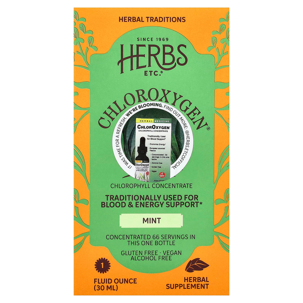 Herbs Etc., ChlorOxygen®, концентрат хлорофилла, без спирта, мята, 30 мл (1 жидк. Унция)
