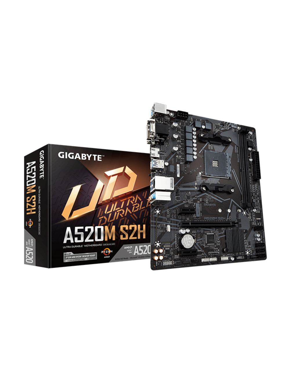 GIGABYTE A520M S2H, AM4, A520, 2*DDR4, 4*SATA, 1*M.2, 4*USB 3.2, 2*USB 2.0, 1*PCIx16, 2*PCIx1, D-Sub+HDMI+DVI, mATX