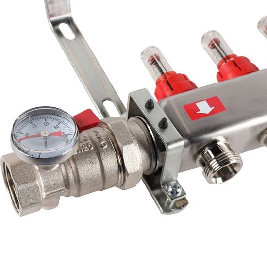 Коллектор Rommer 1"x3/4" на 9 контуров с расходомерами в сборе (нерж. сталь) RMS-1210-000009