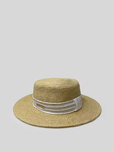 Шляпа соломенная бежевая с текстурной леной и металлической вставкой