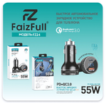 Автомобильное зарядное устройство FaizFull FZ24 PD30W+QC3.0 3A Type-C+USB с вольтметром, Black