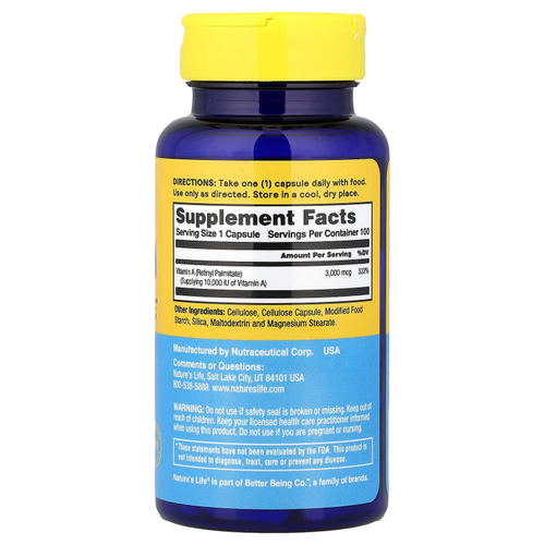 Nature's Life, Витамин A, 3000 мкг (10 000 МЕ), 100 капсул