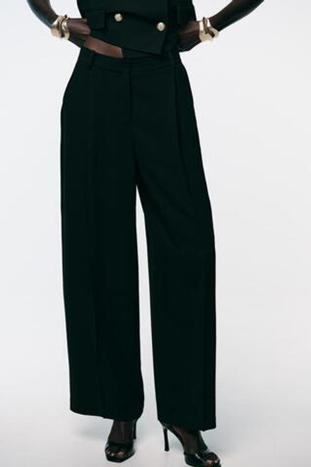 ZARA БРЮКИ ШИРОКОГО КРОЯ С ЗАЩИПАМИ, ЧЕРНЫЙ