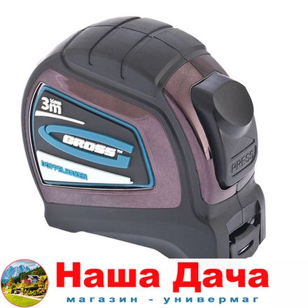 Рулетка "Doppelhaken", 3 м x 16 мм, односторонний зацеп, нейлон, двухсторонняя шкала, автоматическая фиксация // GROSS