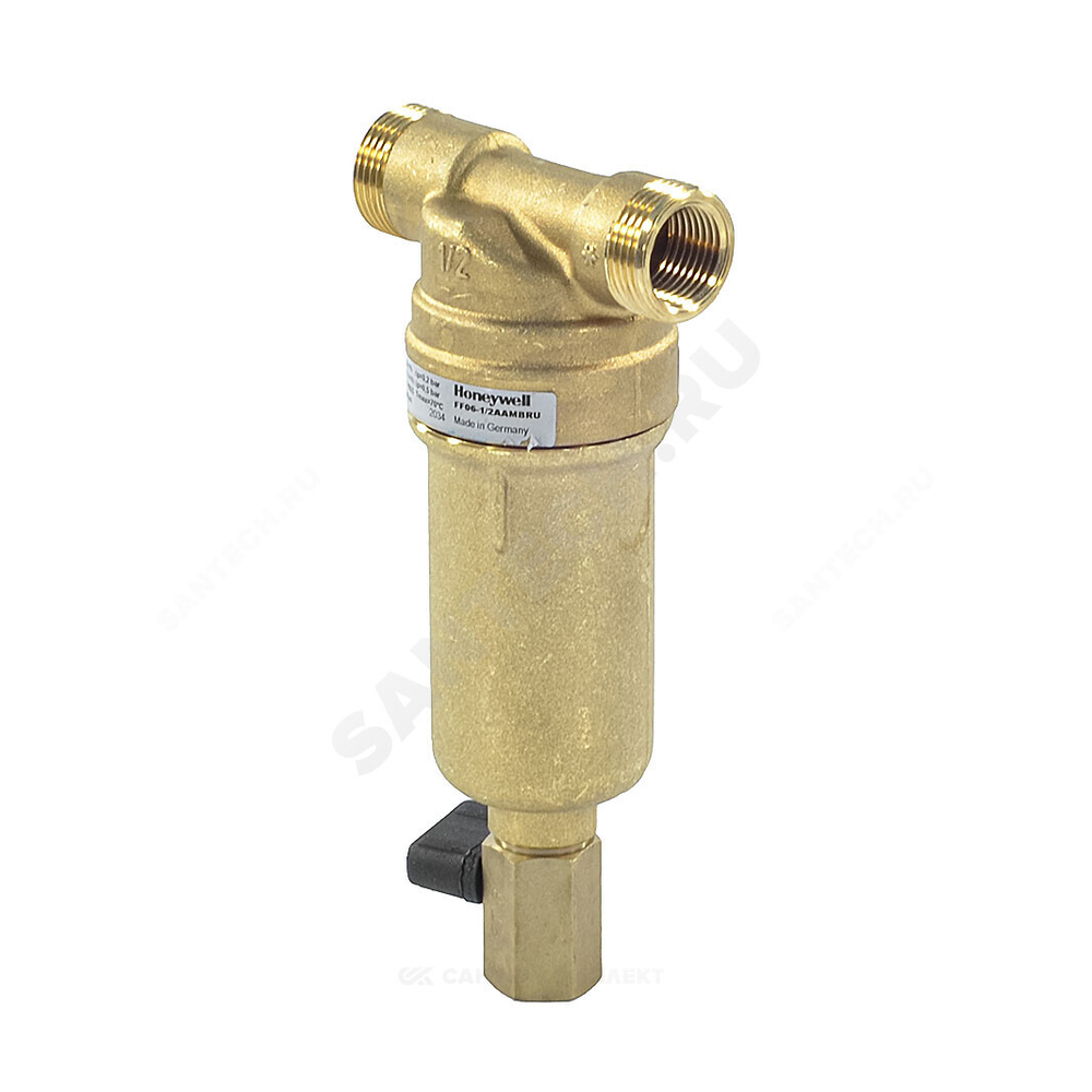 Фильтр сетчатый T-образный латунь Ду 25 Ру25 Тмакс=80 oC G1" НР FF06 с краном Honeywell-Braukmann FF06-1"AAM