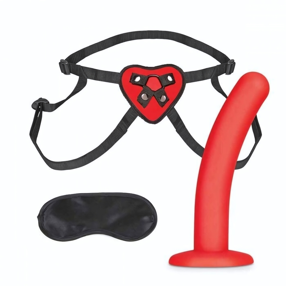 Красный поясной фаллоимитатор Red Heart Strap on Harness & 5in Dildo Set - 12,25 см. (Цвет: красный с черным)
