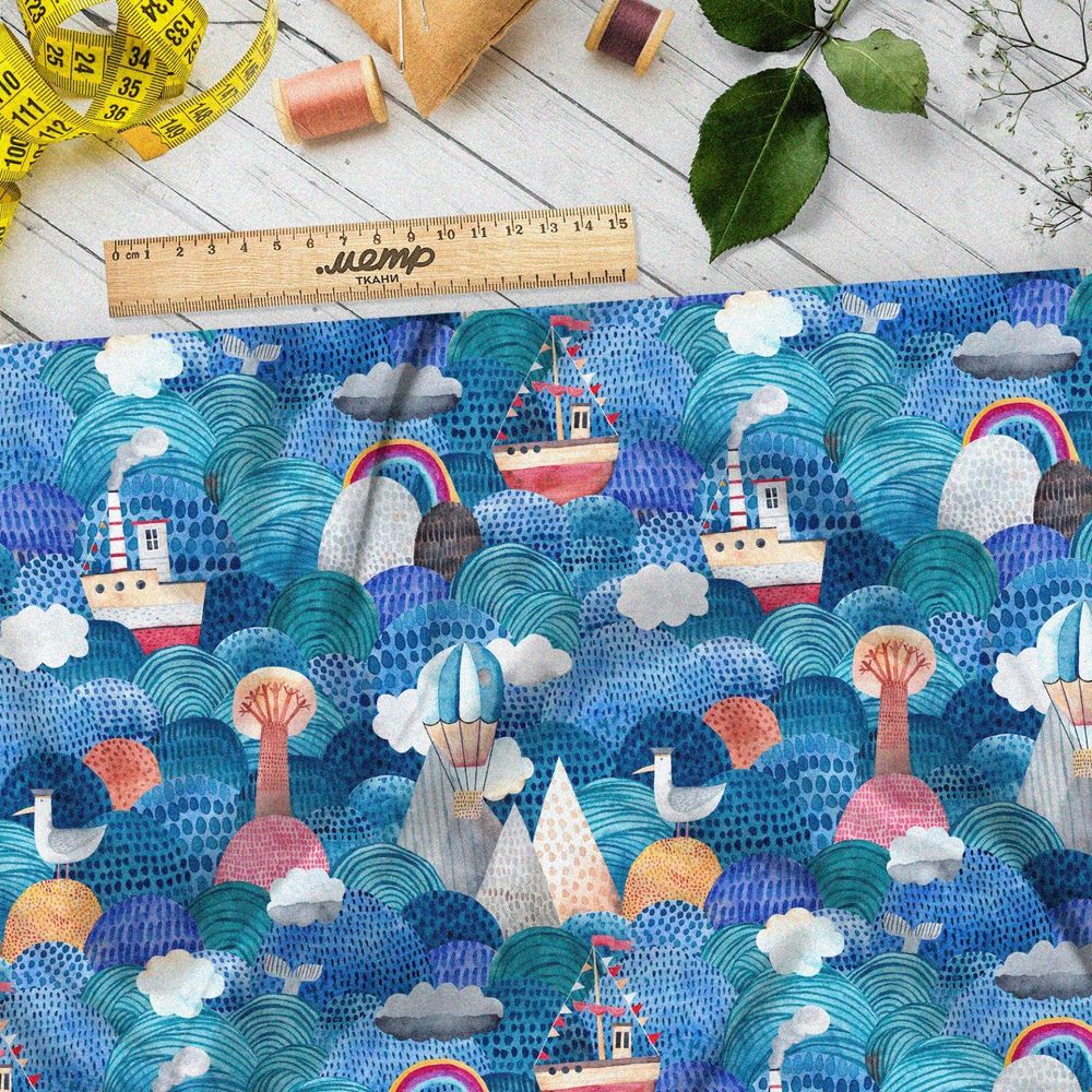 Ткань дюспо морские детские корабли и горы