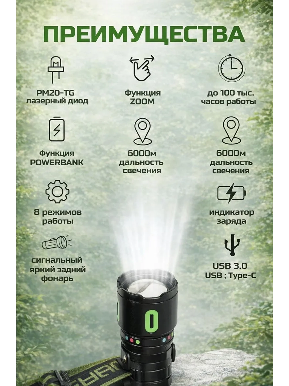 Налобный аккумуляторный фонарь с Power Bank и Zoom 8 режимов