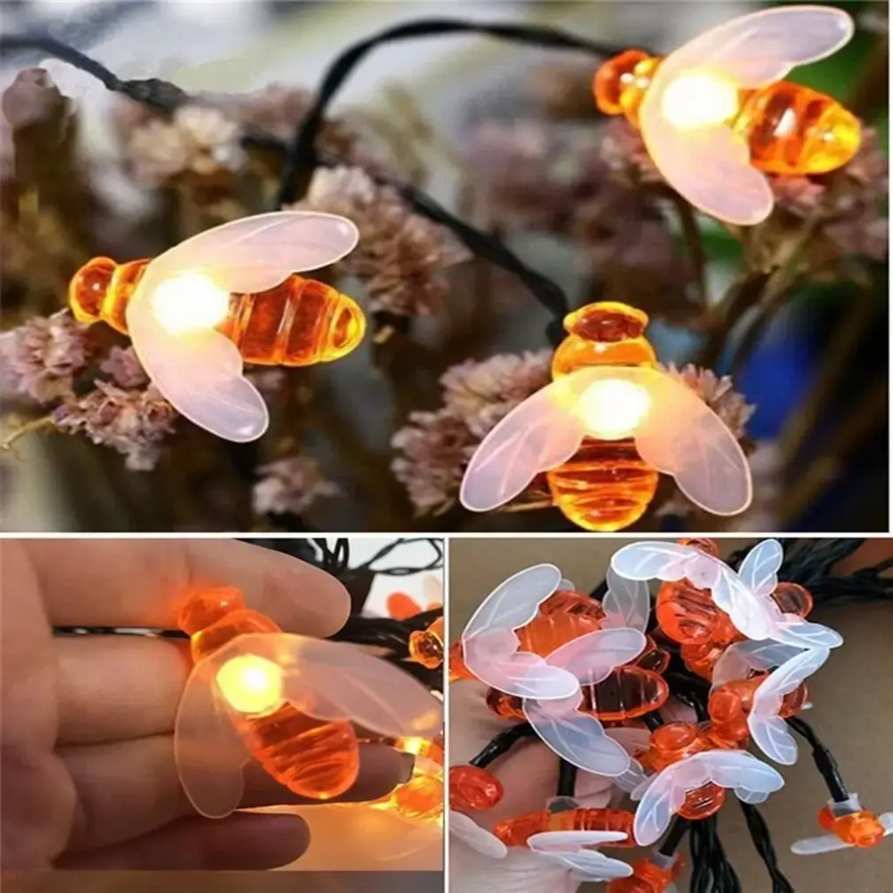 Гирлянда для улицы «Пчёлка» 3м, 20 ламп LED чёрный провод, 2 реж, IP-55, Теплый белый (солнечная батарея).