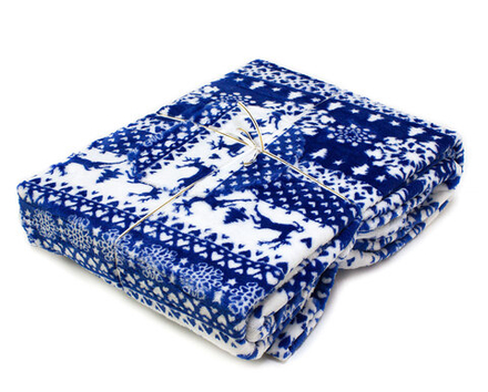 Плед велсофт PRIVAL, синий скандинавский узор(Олени на синем фоне) 180 см х200 см