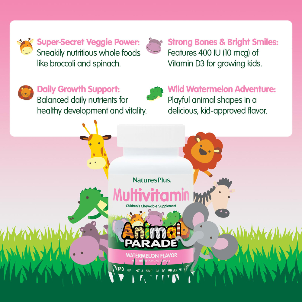 NaturesPlus, Animal Parade®, жевательные мультивитамины для детей, со вкусом арбуза, 180 таблеток в форме животных