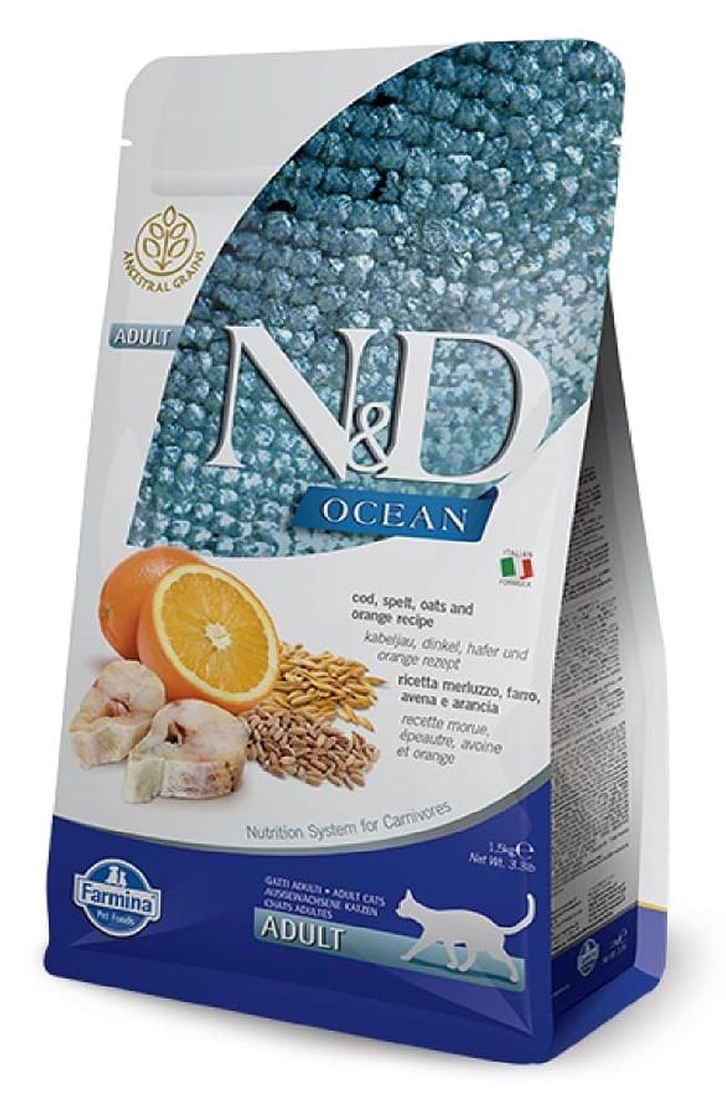Сухой низкозерновой корм N&amp;D OCEAN для взрослых кошек из трески, пшеницы, овса с апельсинами 300г