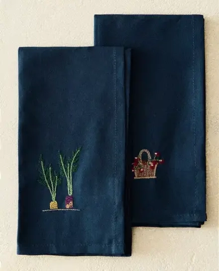 ZARA HOME ХЛОПКОВАЯ САЛФЕТКА С ВЫШИВКОЙ (НАБОР ИЗ 2 ШТ.), СИНИЙ