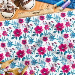 Ткань шелк Армани ярко-розовые цветы на белом фоне