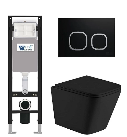 Унитаз подвесной WeltWasser AMBERG 350 + GELBACH 043 MT-BL + AMBERG RD-BL черный матовый, безободковый, с крышкой микролифт, слив-торнадо, с инсталляцией и черной кнопкой