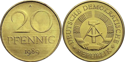 Германия - ГДР 20 пфеннигов, 1989 Герб UNC