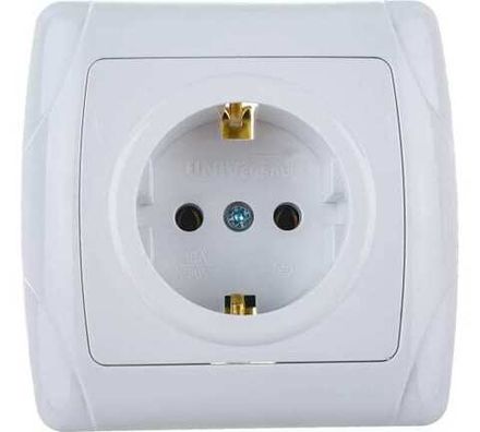 Розетка одноместная "UNIVersal" серия "Маргарита" с/з, с/у, 16А, 220В, белая (еврослот) (E2332)