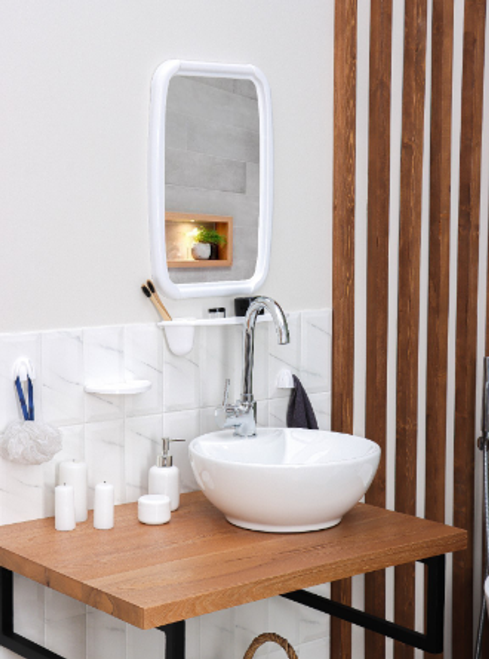 Набор для ванной комнаты Optima: зеркало, полочка, мыльница, крючок, белый