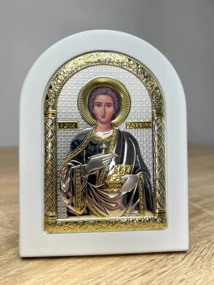 Пантелеймон, икона арочная, белое дерево 105х140