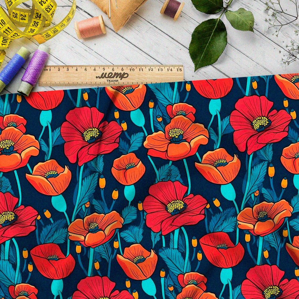Ткань премиум таффета ночное поле маков