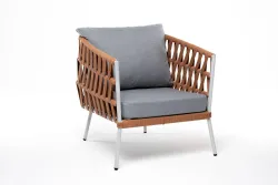 "Диего" кресло плетеное из роупа, каркас алюминий светло-серый (RAL7035) муар, роуп оранжевый меланж круглый, ткань светло-серая