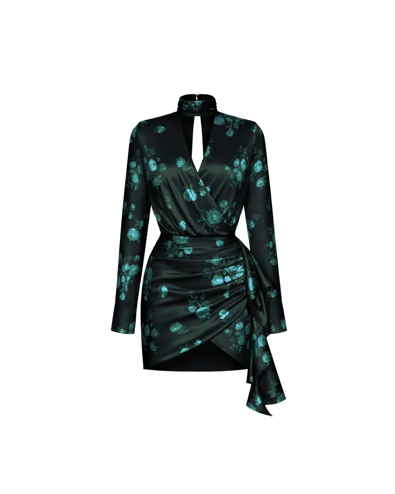 ЛЕА мини (Leah mini), платье из темно-зеленого атласа крупные бирюзовые цветы
