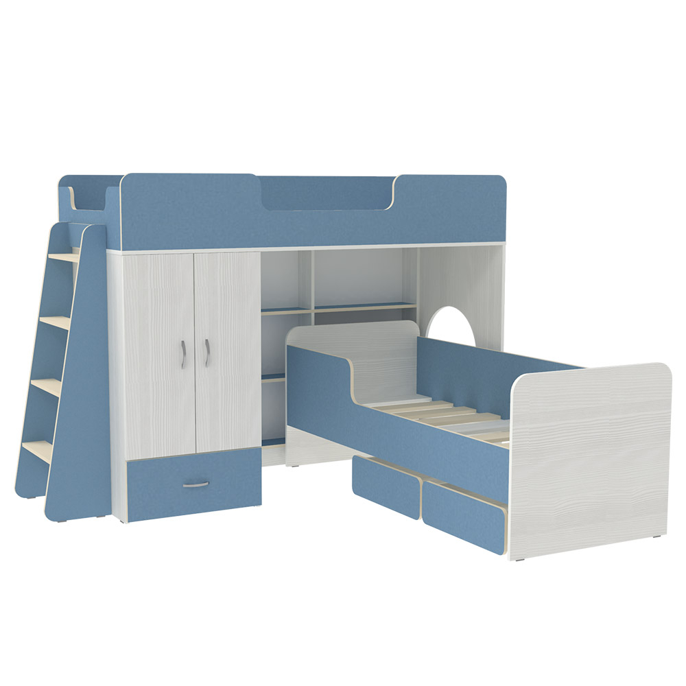 Двухъярусная кровать КарИВи Легенда 3.11 Белое Дерево Светло-синий, голубой