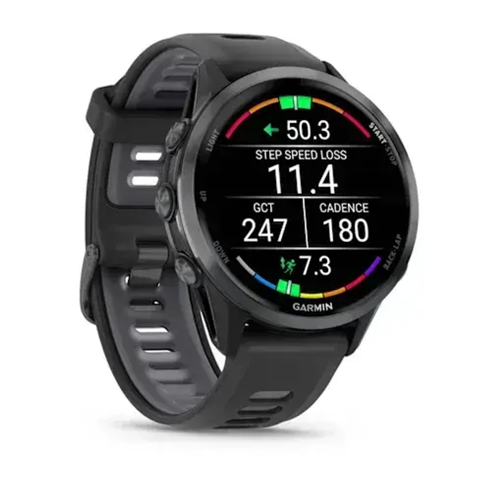 Умные часы Garmin Forerunner 970 угольно-серый DLC Titanium с черным корпусом и черным/прозрачным белым ремешком