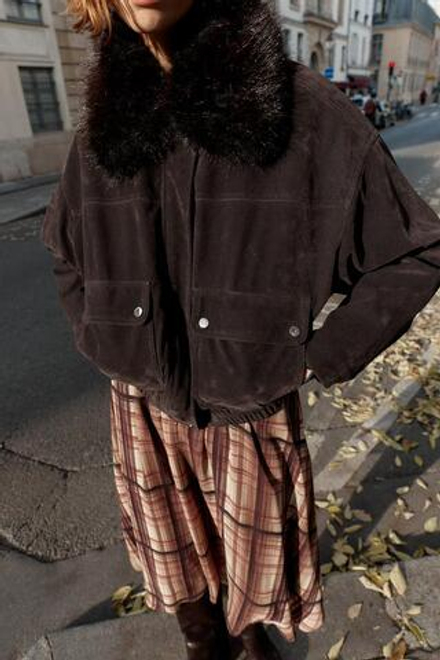 ZARA БОМБЕР ОВЕРСАЙЗ С ОТЛОЖНЫМ ВОРОТНИКОМ ИЗ ИСКУССТВЕННОГО МЕХА, КОРИЧНЕВЫЙ