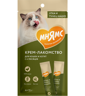 Мнямс Крем Лакомство для кошек с тунцом Кацуо и Уткой 15гр.* 4шт.