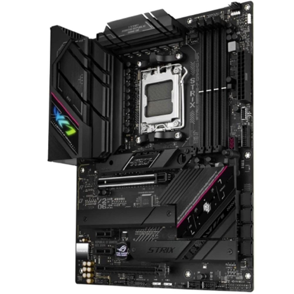 Материнская плата ASUS ROG STRIX B650E-F (Socket AM5, ATX, 4xDDR5(128GB), DP / HDMI, 1xPCIe 5.0x16 / 1xPCIe 4.0x16, 2xPCIe 4.0, 1xLAN (2.5GbE), Wi-Fi 6E, BT, 4xSATA 6Gb / s, 3xM.2, 2xType-C, 6xUSB 3.2, 4xUSB 2.0)
