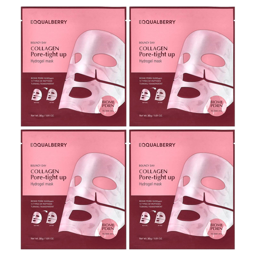 EQQUALBERRY, Bouncy Day, Collagen Pore-Tight Up, гидрогелевая маска для лица, 4 шт. по 30 г (1,01 унции)