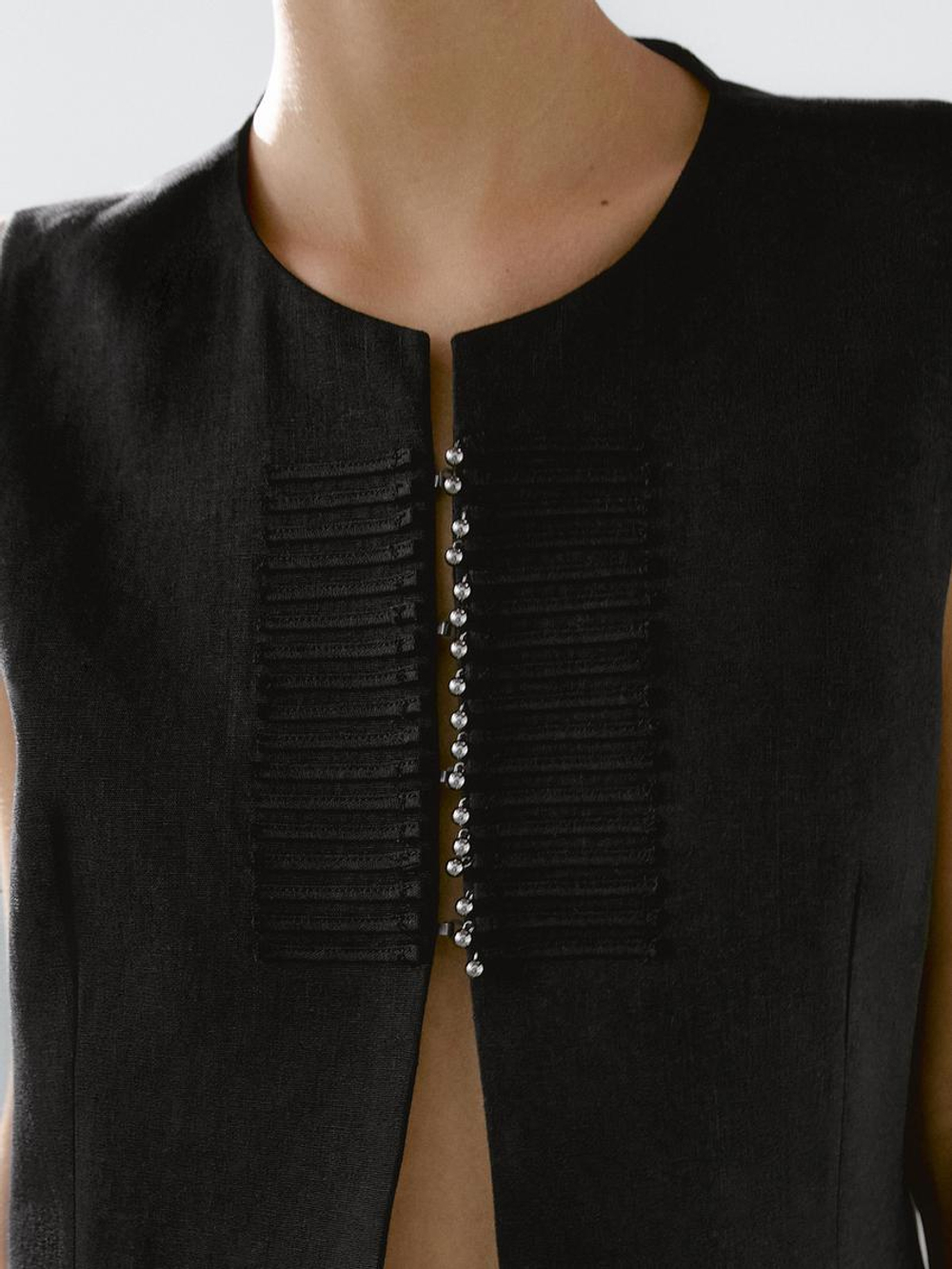 Massimo Dutti Жилет из смесового льна с отделкой бусинами, черный