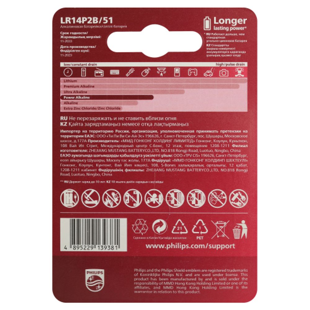Батарейки Philips LR14P2B/51 С алкалиновые 2 шт. LR14-2BL Power (2/24/48/5760) | Philips