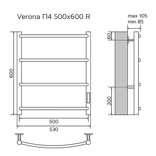 Полотенцесушитель электр. Azario VERONA 53.2х60, Хром