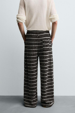 ZARA ЖАККАРДОВЫЕ БРЮКИ С АЖУРНЫМ УЗОРОМ, ЭКРЮ/КОРИЧНЕВЫЙ