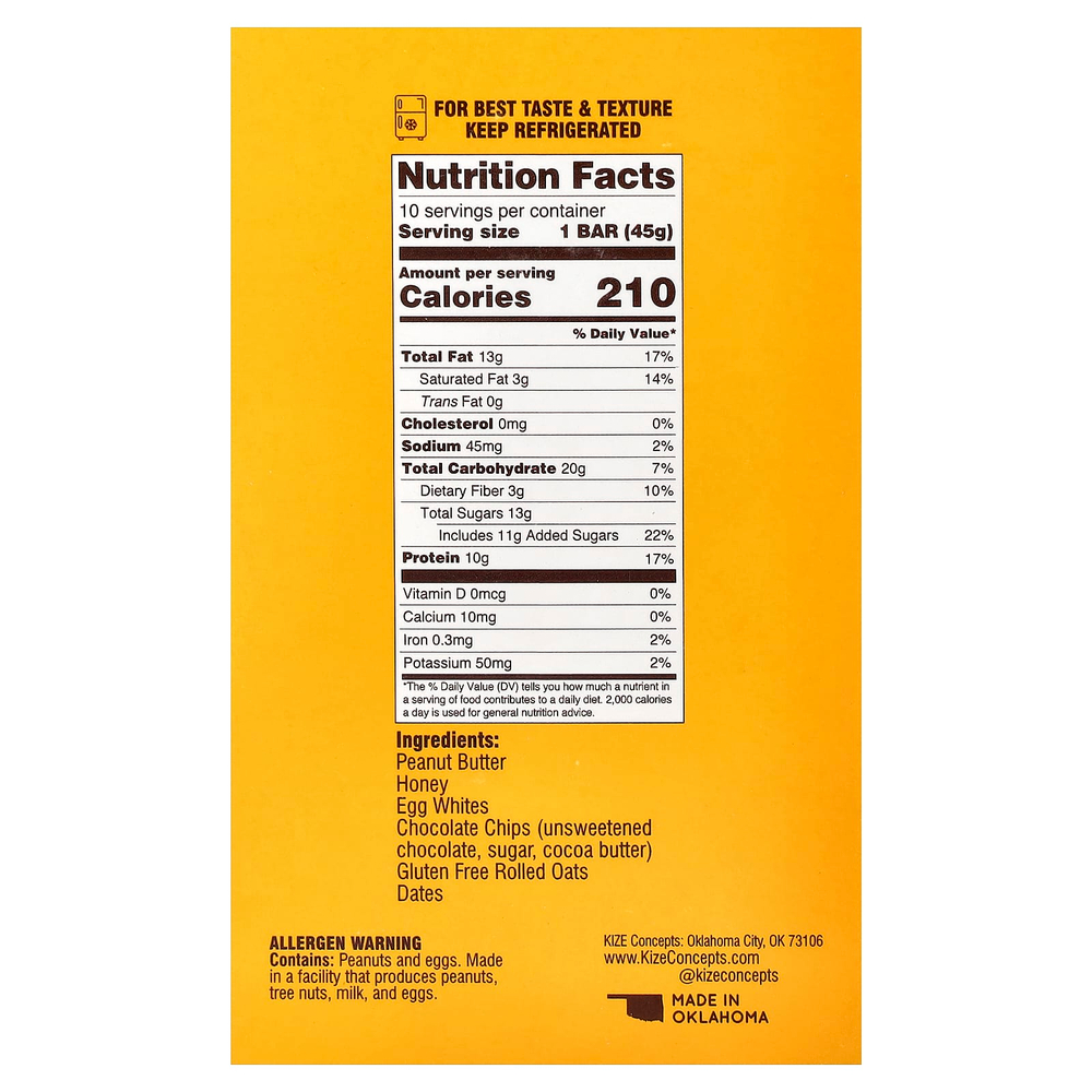 KiZE Life Changing Bar, арахисовая паста и шоколадная крошка, 10 батончиков по 45 г (1,6 унции)