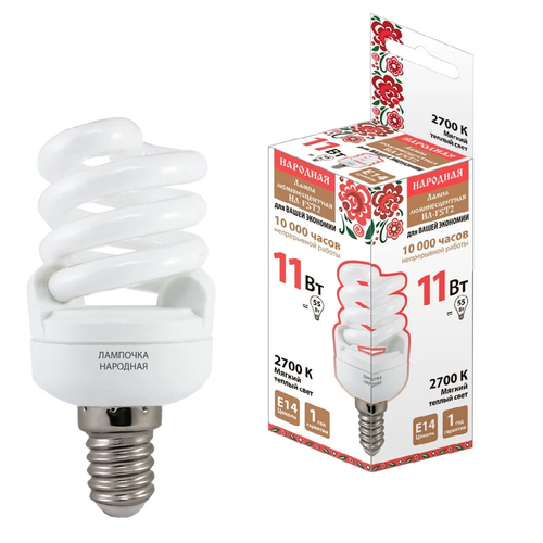 Лампа КЛЛ Е14 спираль 11Вт 230В 2700К теплый. белый свет 40*93мм